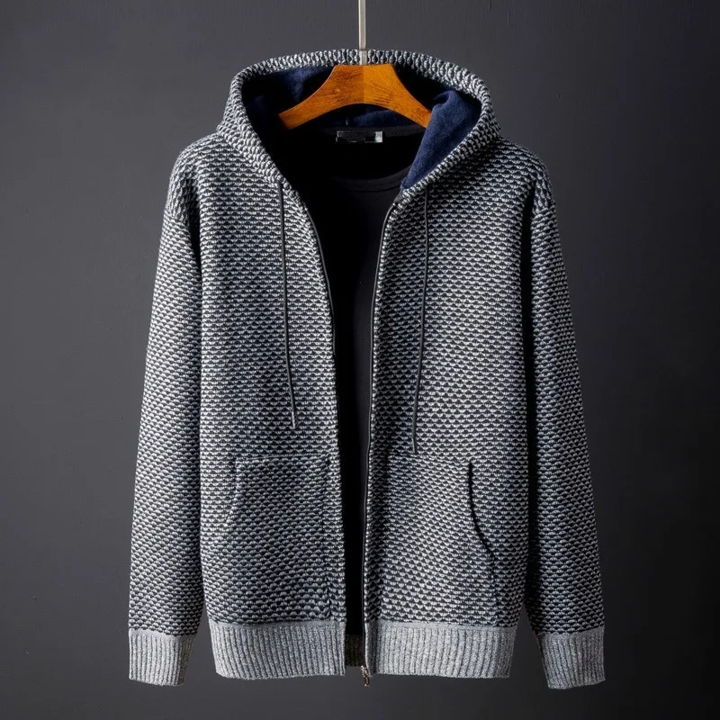 

Autumn Winter Mens Sweater Coat Fashion Loose Fit Casual Long Sleeve Hooded Cardigan Thicken Fleece Knitting Striped Jacket Male