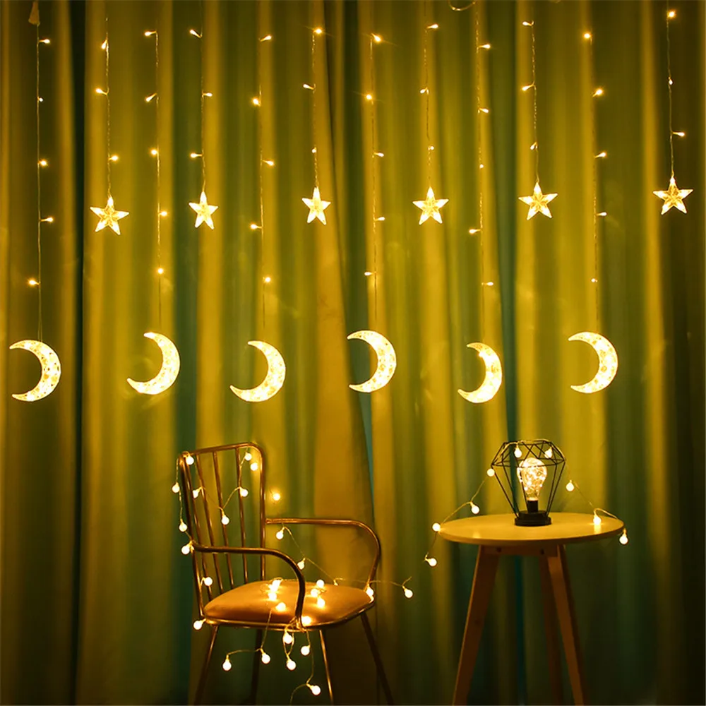 2.5M LED Fairy Curtain string Light Moon Star Pentagram Garland Lamp Ramadan decoration lights for Christmas Party Wedding