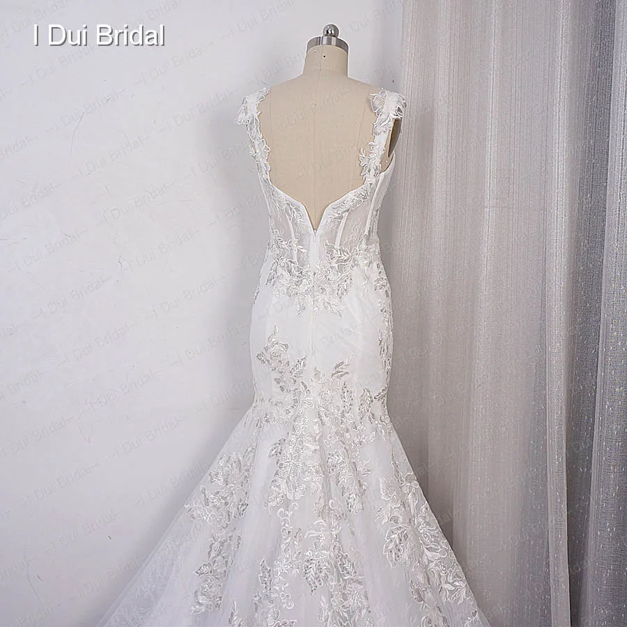 Mermaid Lace Wedding Dress with Silver Thread Floral Appliques Two Way Shoulder Strap Bridal Gown