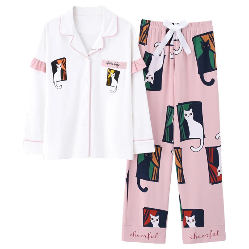 

2019 autumn and winter cotton cartoon striped pajamas ladies two-piece long sleeve sweet long-sleeved trousers home service suit