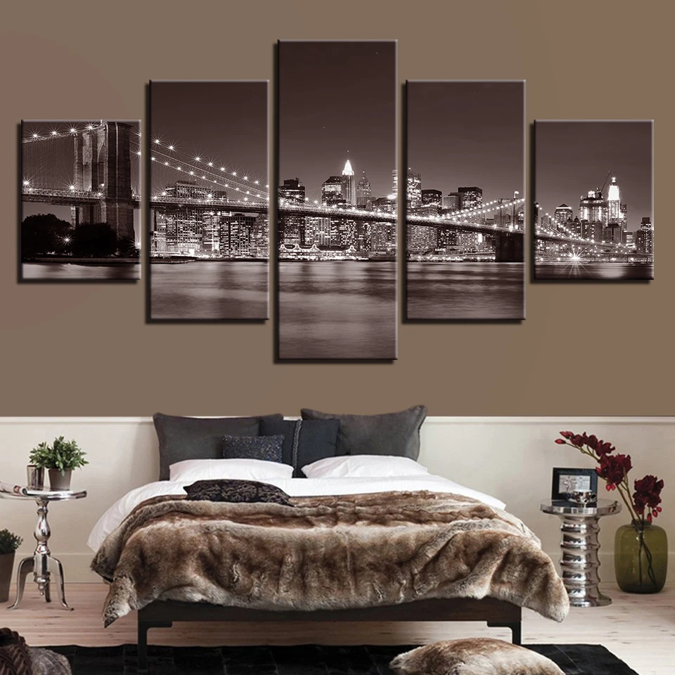 Night City Building picture canvas New York london farmhouse decor framed wall art pictures for living room 5 Panel Abstract 49 | Дом и сад