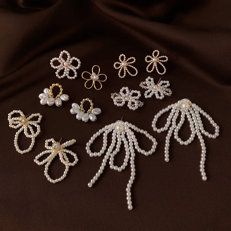 

LOVOACC Multiple Baroque Pearl Bowknot Flower Drop Earring for Women Elegant Hollow Out Metallic Rhinestone Earrings Jewelry