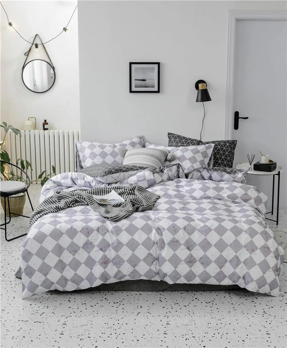 

Papa&Mima Grey Marble Plaids Nordic Soft Cotton Bedding Set Hotel Bedlinens Fitted Sheet Twin Queen King Size Duvet Cover Set