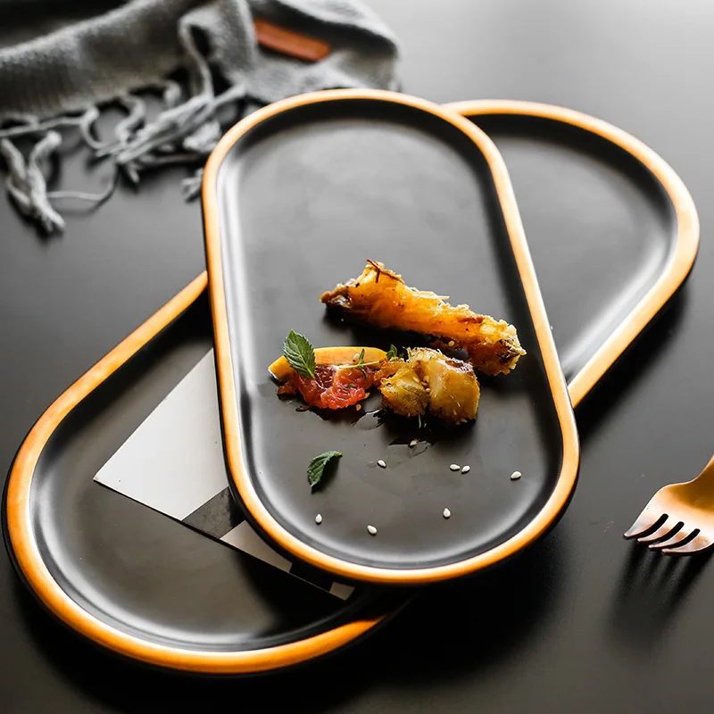 

KitchenAce 1pc Ceramic Gold-Plated Oval Plate Kitchen Restaurant Creative Ceramic Snack Plate Cake Jewelry Tray Art Dessert Dish