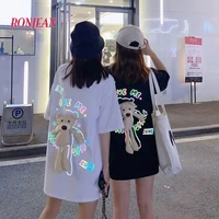 women child harajuku hip hop ins reflective back korean bear t shirt 2020 summer loose mid length short sleeve top
