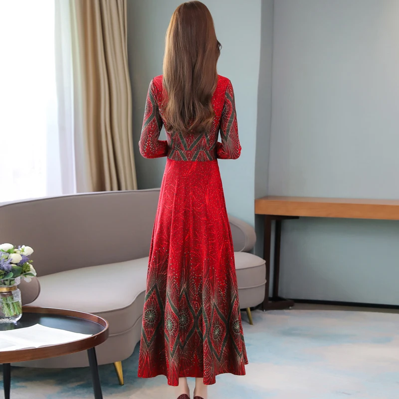 

2021 3XL Plus Size Print Casual Long Dress Spring Autumn Elegant Women Bodycon Knit Cotton Party Dress Vintage Red Maxi Vestidos