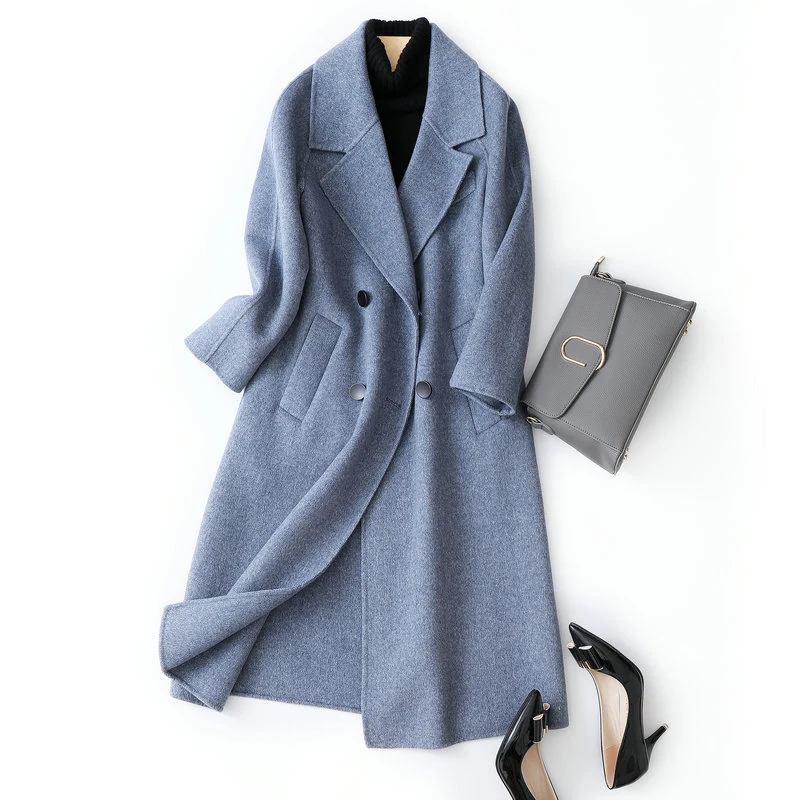 

2019 Turn Down Collar Women Woolen Coat Drouble Breasted Elegant 95% Wool Cashmere Long Coat Jacket Women Casaco Feminino