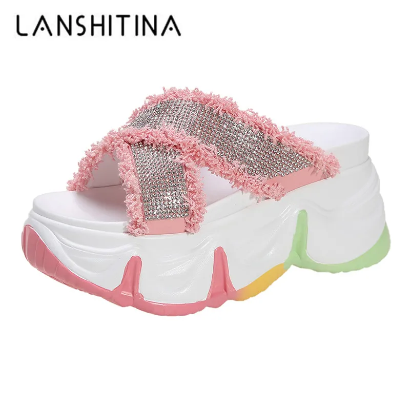 Женские босоножки на толстой платформе яркие дышащие шлепанцы каблуке 8 см