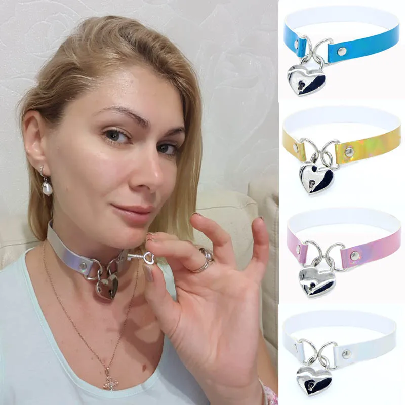 

2021 New Fashion Laser PU Leather Choker Necklace Women Metal Heart Pendant Colorful Jewelry Female Party Accessories Collier