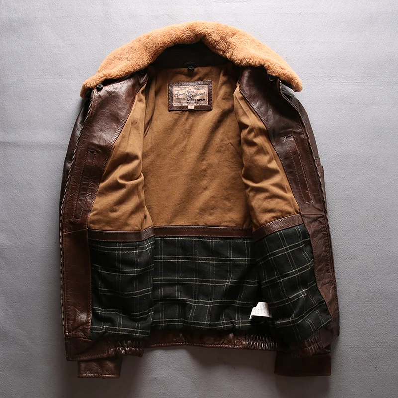 

Avirex fly men's genuine with fur collar real cowskin bomber jacket men winter leather coat