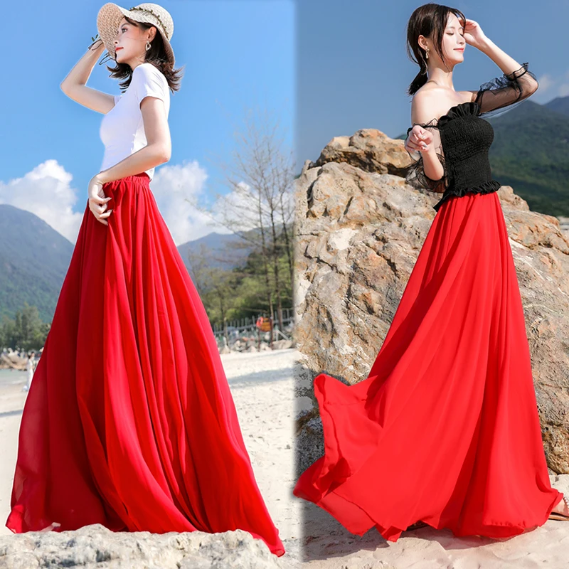 Женская шифоновая длинная юбка TingYiLi праздничная пляжная макси черного белого