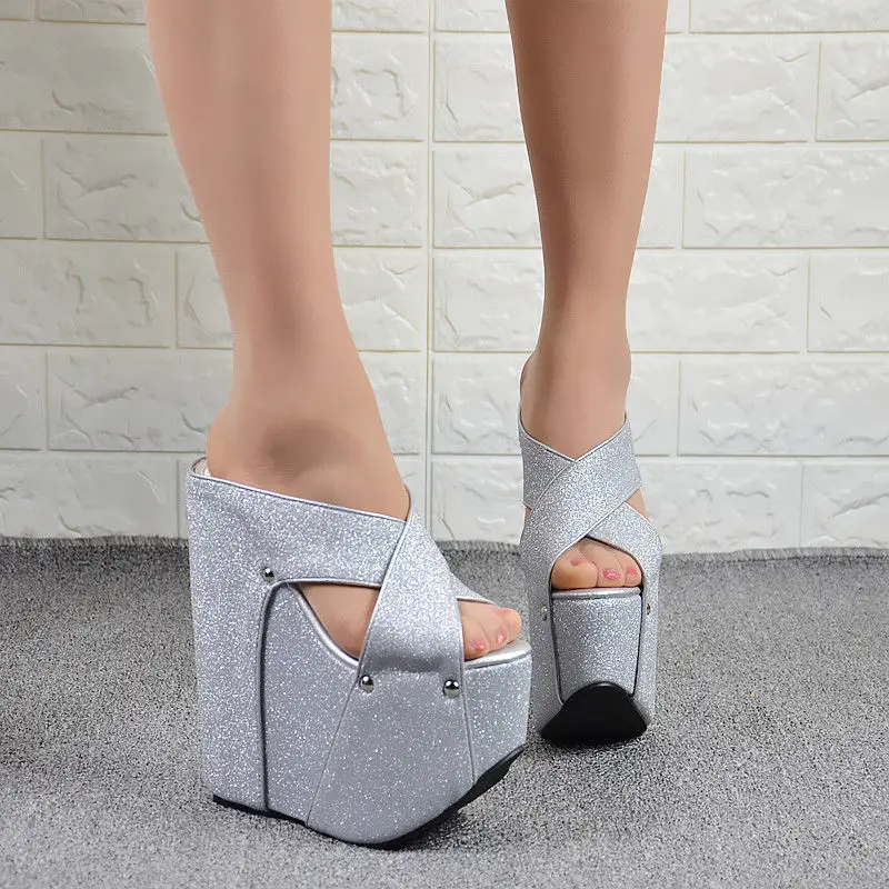 

2021 glitter sequins 19CM hate sky high spring and summer muffin platform super high heels sandals and slippers women's shoes