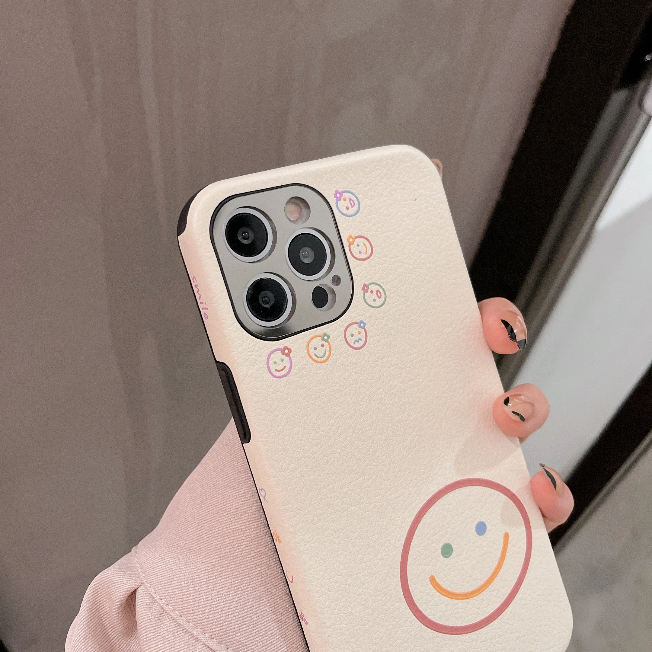 

Smiley Lambskin Leather Phone Case For iPhone 12 11 Pro Max Mini XR XS X 8 7 Plus SE 2020 Soft Silicone Shockproof Luxury Cover