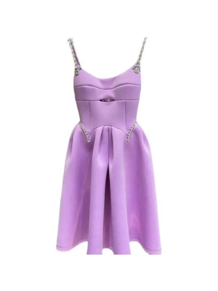 

French beaded diamond hollow banquet sling dress Slim slim high-waisted pettiskirt dating daily small dress