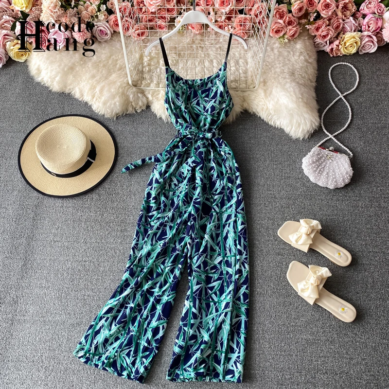 

HangCode Spaghetti Strap Jumpsuits Summer Fashion Floral Print Beach Boho Holiday Long Overalls Female Casual Rompers with Belt