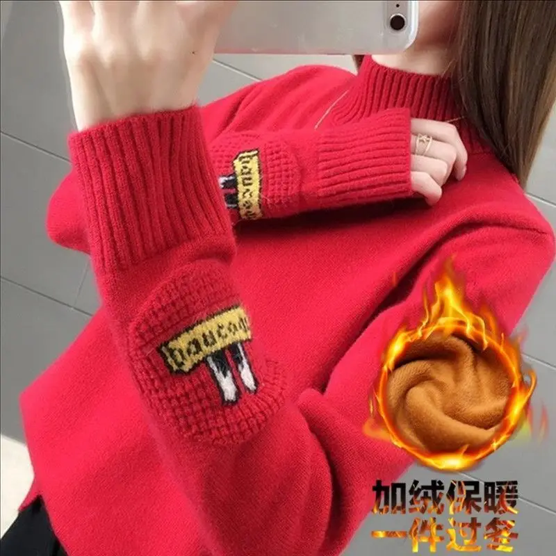 

Autumn Winter Plus Velvet Warmth New Female Korean Half-high Neck Long-sleeved Sweater Wild Short Casual Loose Fashion Pullover