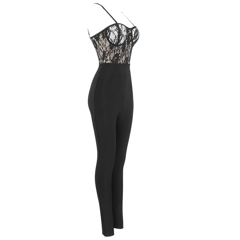 

High Quality Celebrity Sexy Black Lace Rayon Bandage Jumpsuit Club Party Jumpsuit