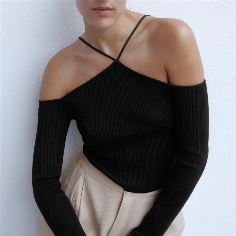 

BLSQR Stylish Halter Without Shoulder Sweater Stretchy Design Long Sleeve Female Chic Knitted Tops Girl Sweaters