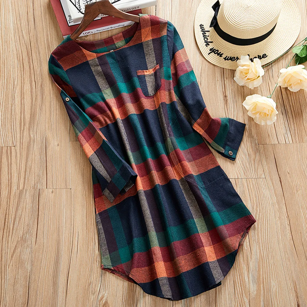 Осеннее женское ретро платье красная клетчатая рубашка с круглым вырезом