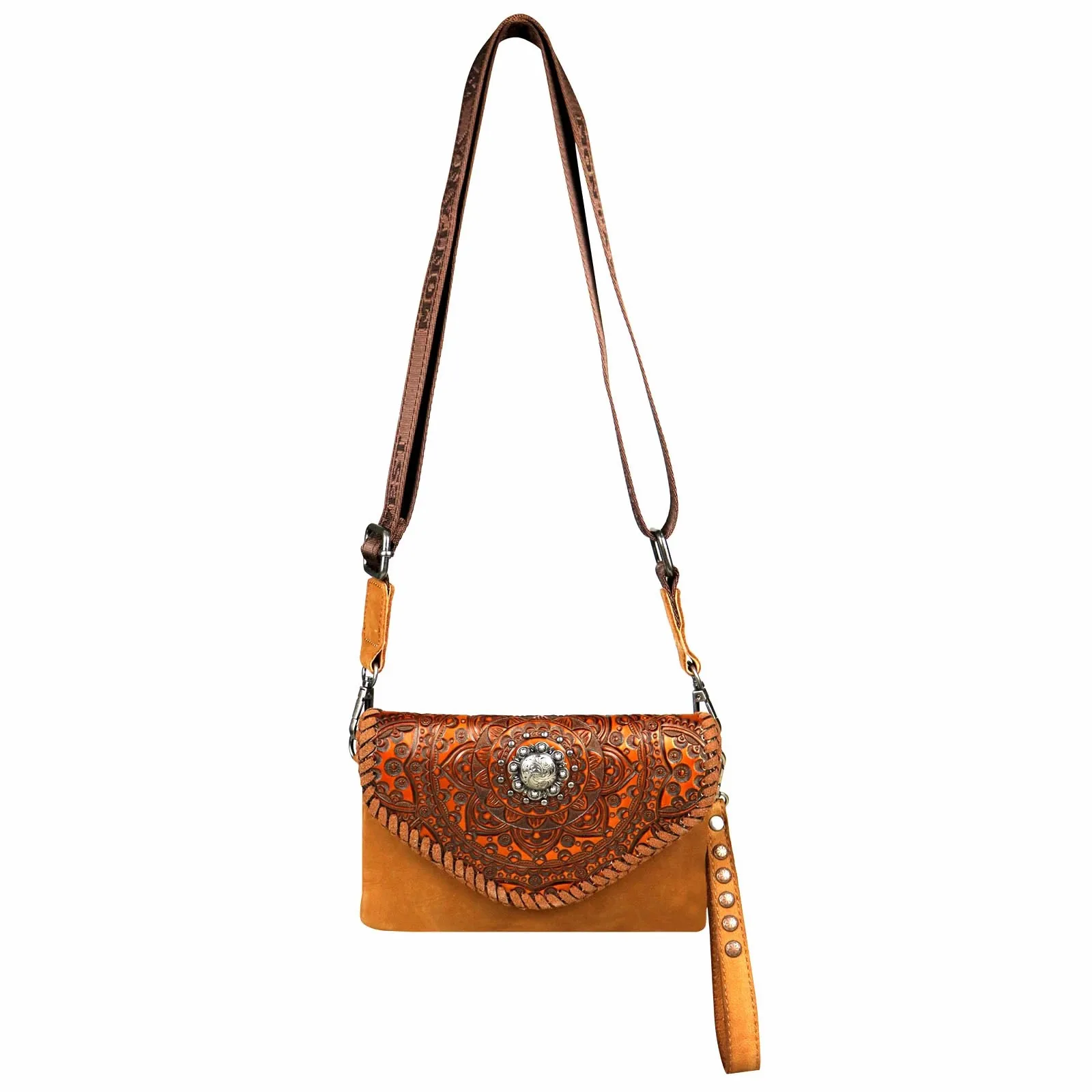

100% Genuine Leather Tooled Collection Clutch/Crossbody Vintage Printed Multicolor Bag