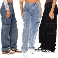 2021 winter new woman high waist loose jeans fashion casual multi pocket wide leg pants street trendy baggy jeans s xl drop ship