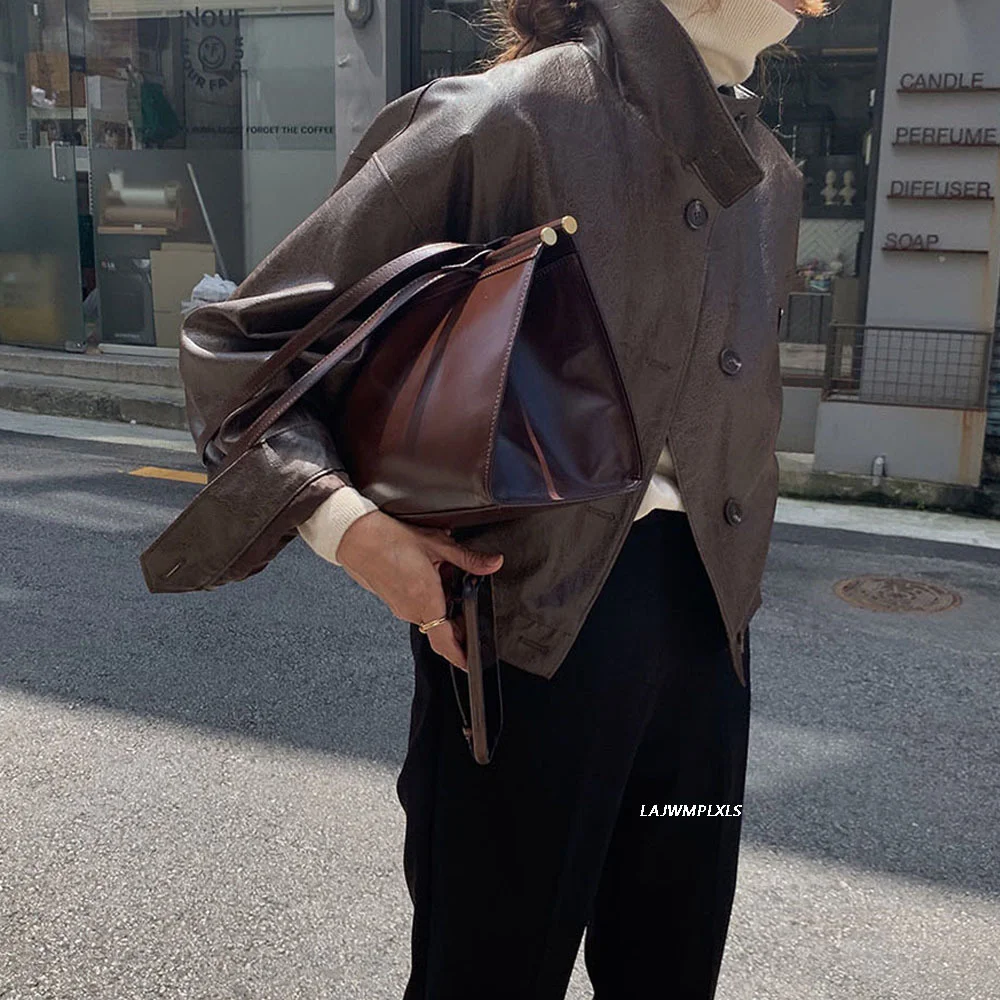 

Vintage Brown Stand Collar Cropped Leather Coats Leather Jacket Women Loose Fashion Streetwear Office Lady 2021 New Korean Trend