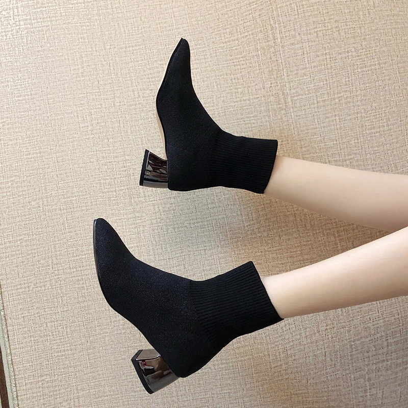 

Women Boots 2020 Black Flock Winter Fashion Med High Heel Boots for Ladies Pointed Toe Plus Size Women Shoes Chaussure U22-01