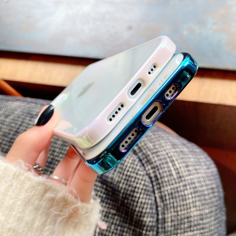 

Laser Rainbow Clear Phone Case For iPhone 11 12 Pro Max Plated Soft Frame + Hard PC Back Bumper Holographic Phone Cover Coque