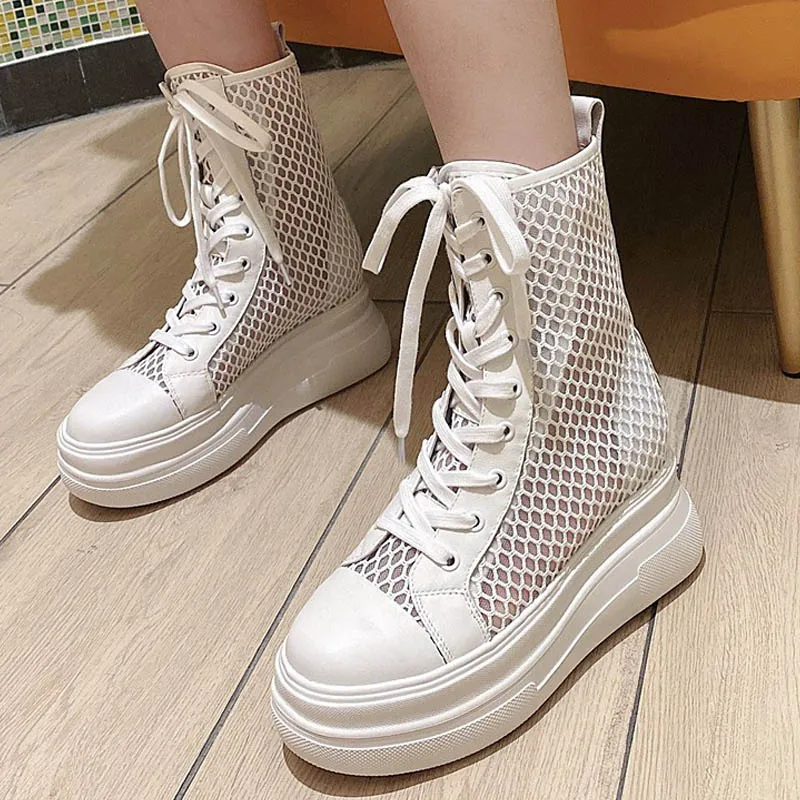 

Fashion Women White Mesh Hollow Out High Top Sandals Boots Lace Up Thick Platform Genuine Leather Patchwork Sandals Streetwear