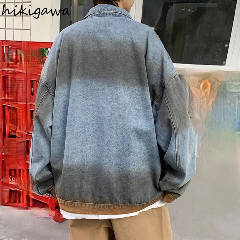 

Hikigawa 2021 Fashion Denim Jacket Women Oversized Men Tops Pockets Harajuku Hip Hop Contrast Color Jackets Vintage Women's Coat