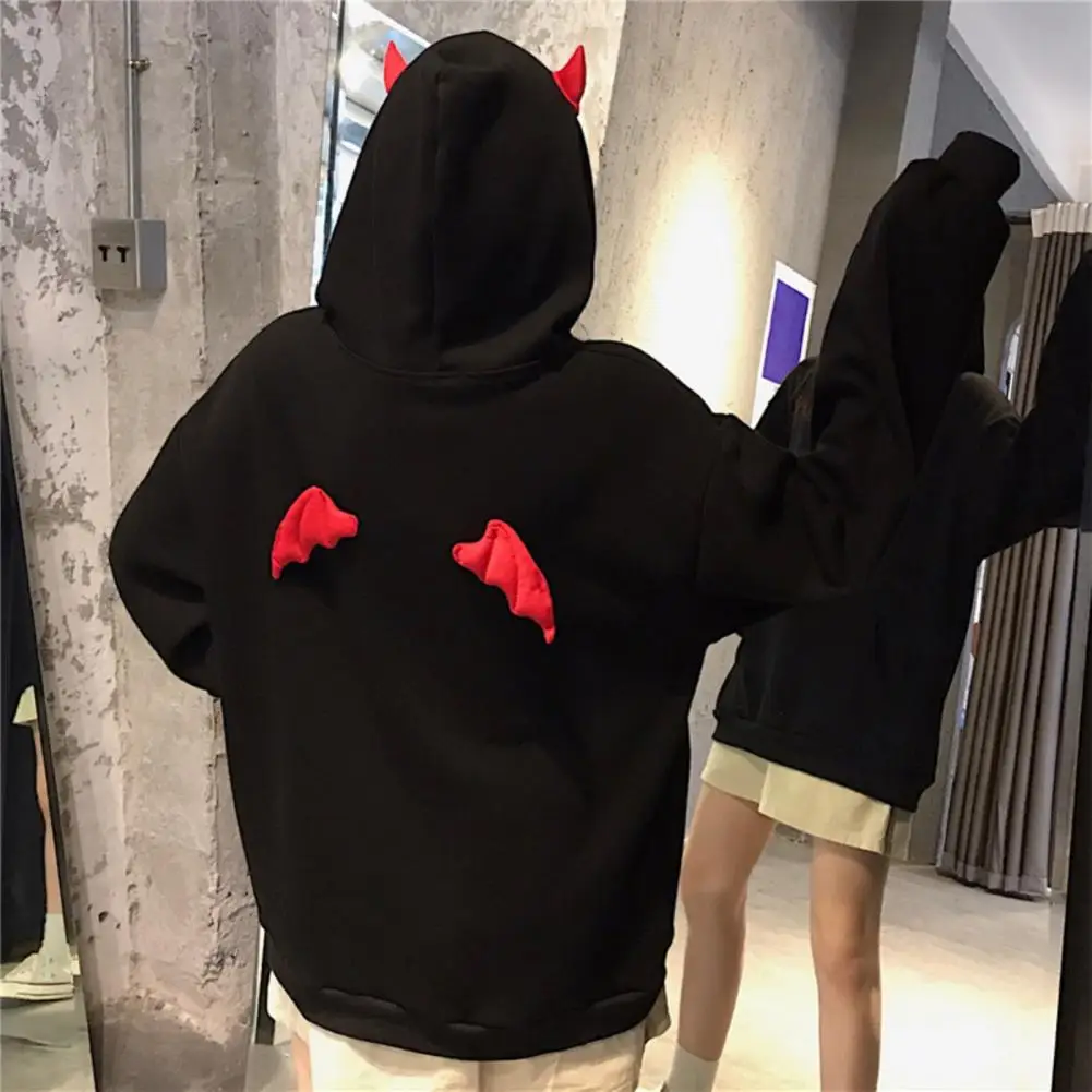 

Autumn Women Long Sleeve Letters Print Devil Hood Sweatshirt Plush Warm Hoodie
