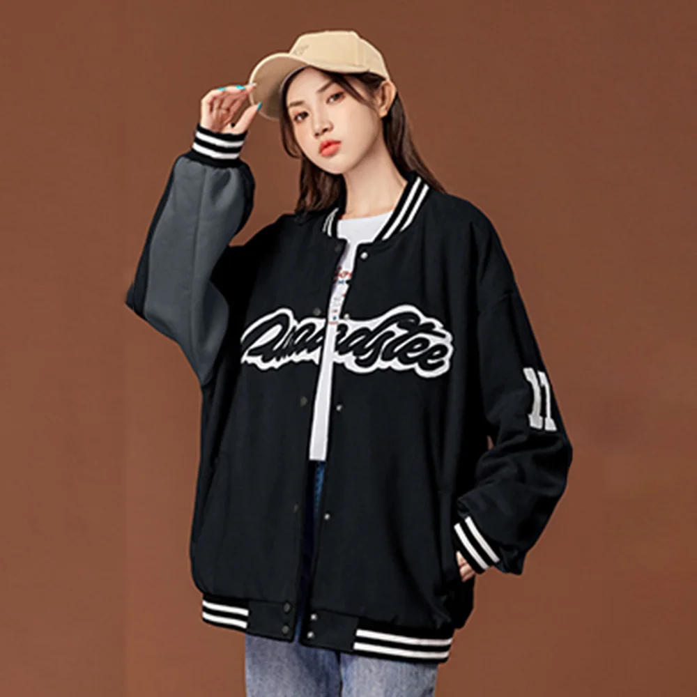 

2021 Womens Casual Jacket Autumn Winter New Letter Printing Single Breasted Splicing Long Sleeve Round Neck Fashion Suede Tops
