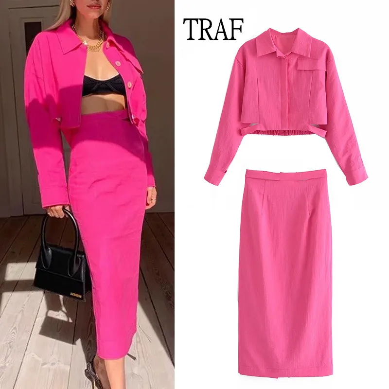 

TRAF Women 2 Piece Set Suit 2021 Vintage Rose Red Long Sleeve Short Top Women Coat+Elegant High-Waisted Long Skirt Female Top