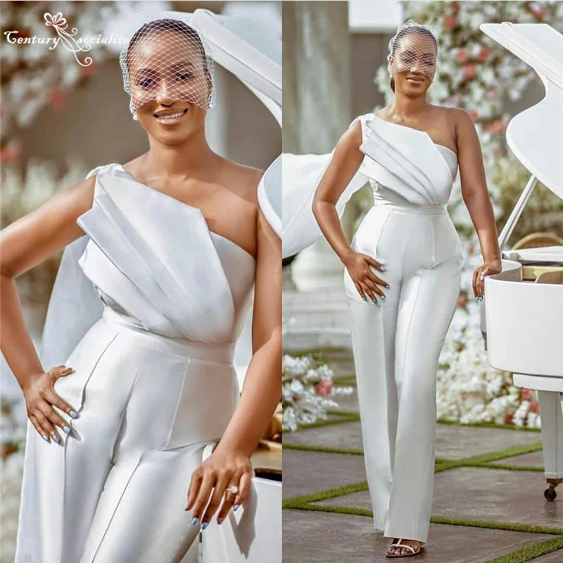 

African White Jumpsuits Wedding Dresses 2021 One-Shoulder Satin Bride Reception Jumpsuit Women Pant Suits Vestido De Noiva
