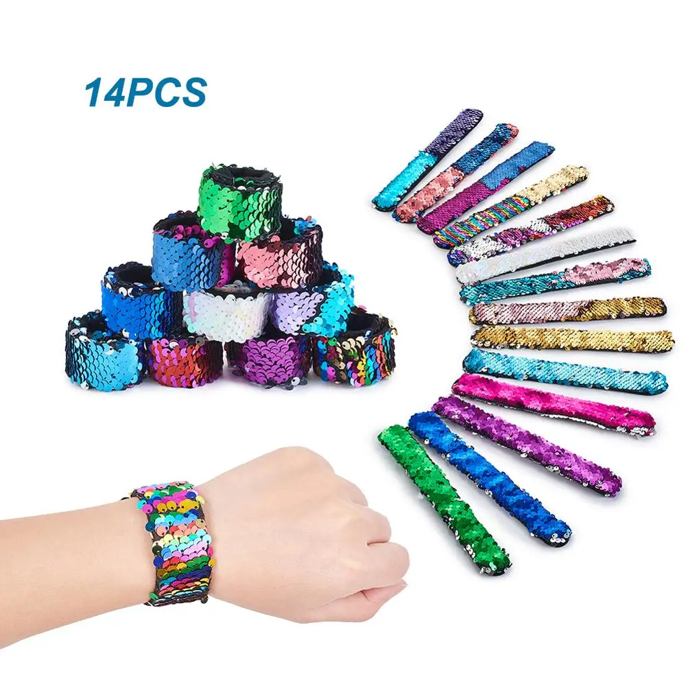 

Pandahall 14pcs/set Mermaid Patted Bracelets Two-color Reversible Glitter Slap Charm Sequins Flip Wristbands Mixed Color 25x3mm