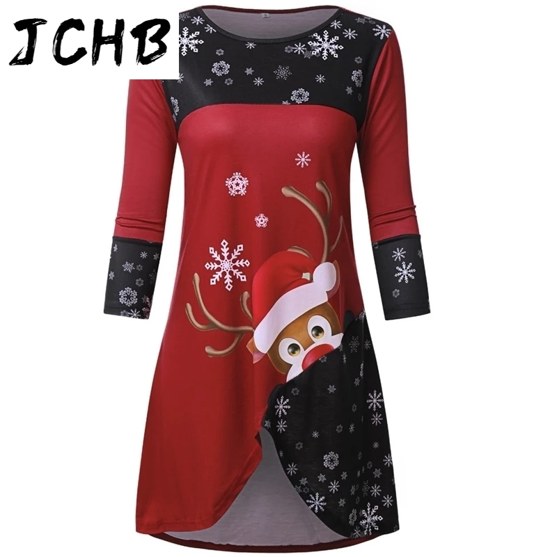 

Women Autumn T-shirts Tops Fashion Christmas O Neck Long Sleeve Tees Casual Snow Deer Print Irregular Hem Medium Length T-shirts