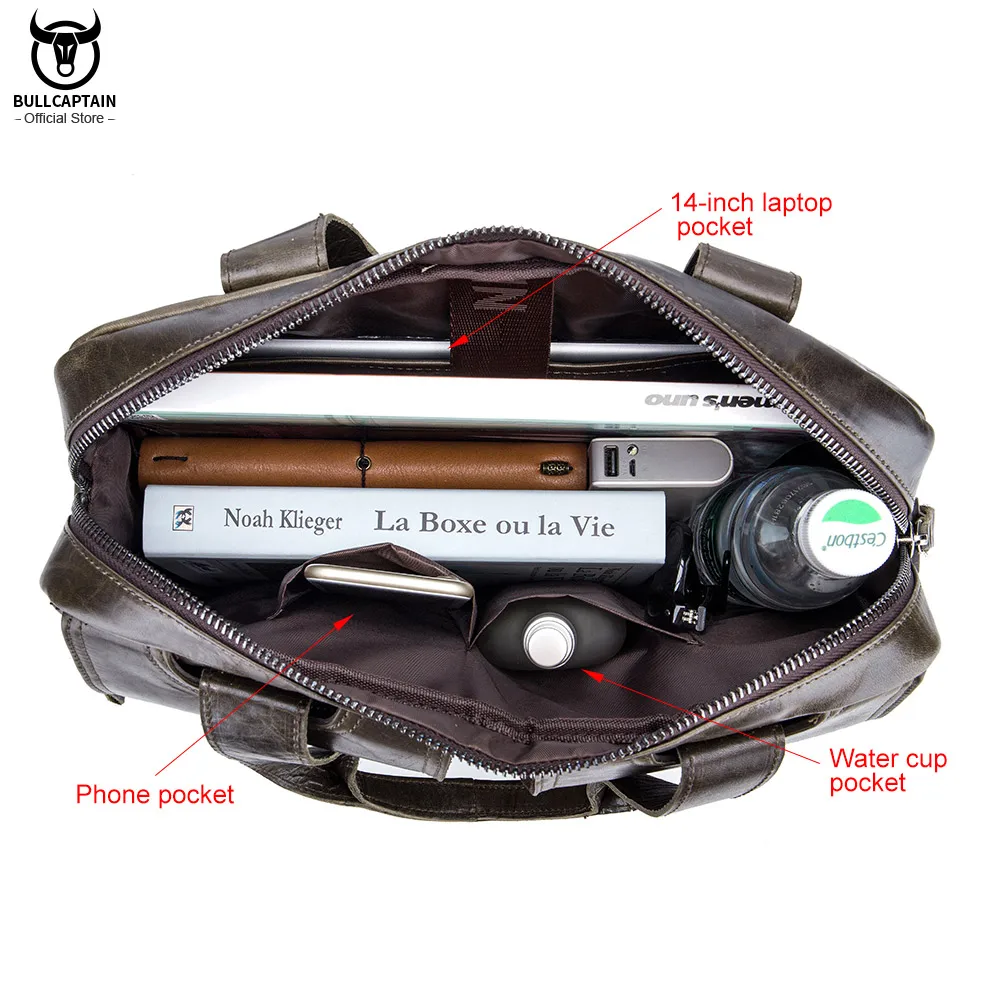 BULLCAPTAIN Men's Real Leather Briefcase 14 Inch Laptop Sleeve ,Casual Shoulder Messenger Bag, Tote, Work, Office, 042