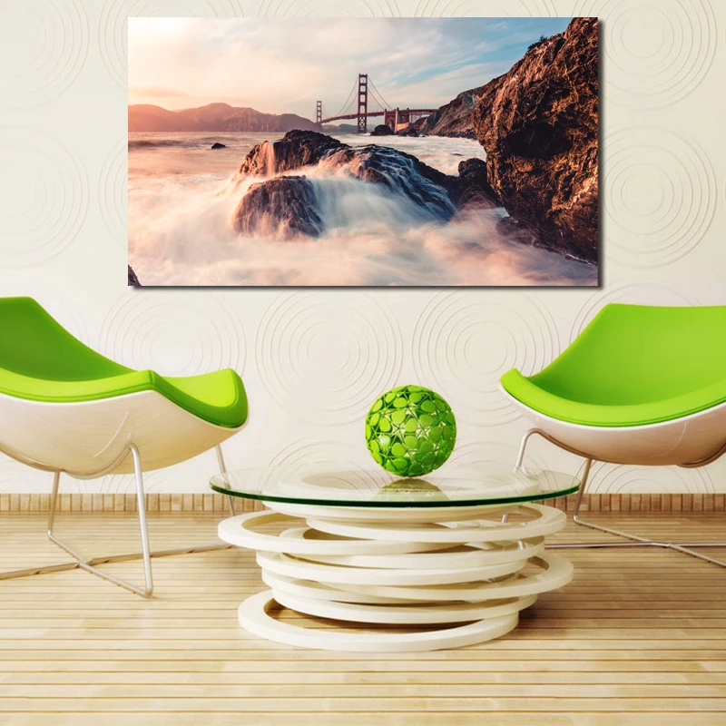 

Golden Bridge San Francisco Wall Art Canvas Posters Prints Landscape Painting Oil Wall Pictures Living Room Home Decor Framework