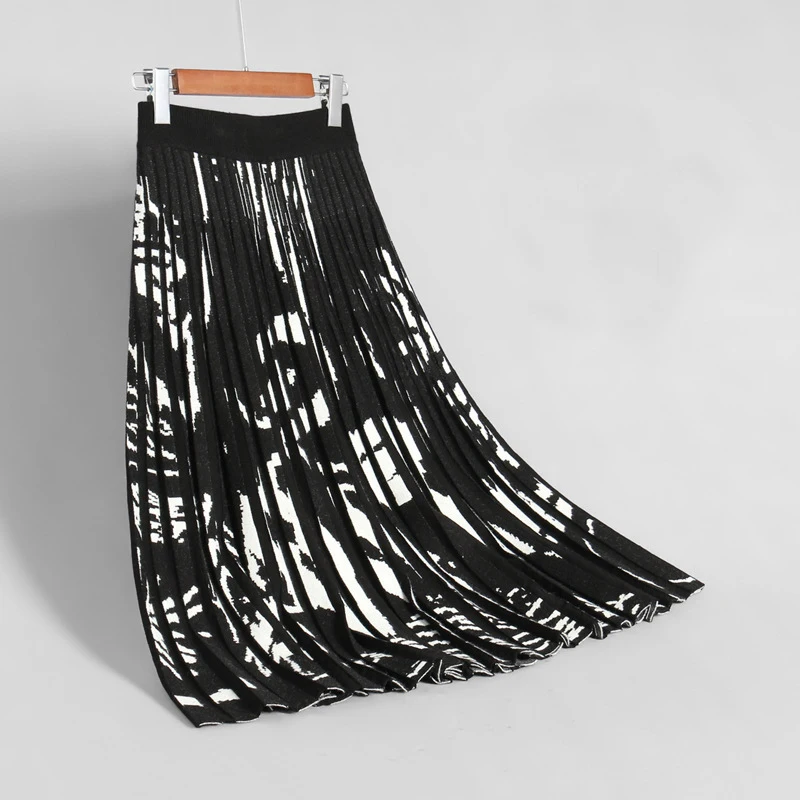 2019 высокая талия с принтом Вязанная для женщин зимняя трапециевидная миди юбка