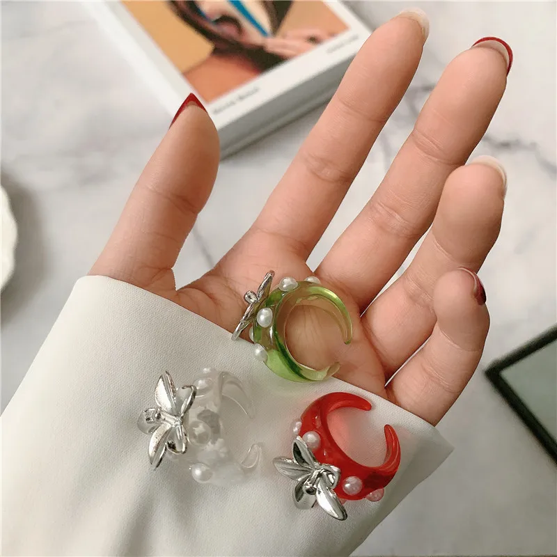 

Strawberry Ring Index Finger Ring Transparent Heart Resin Pearl European and American Ins Wind Sweet Fashion Personality Girl