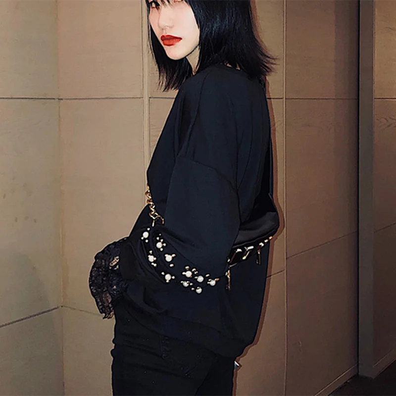 MUMUZI Large size 3XL women's black long-sleeved sweatshirts lace stitching large loose beading jackets style tops | Женская одежда