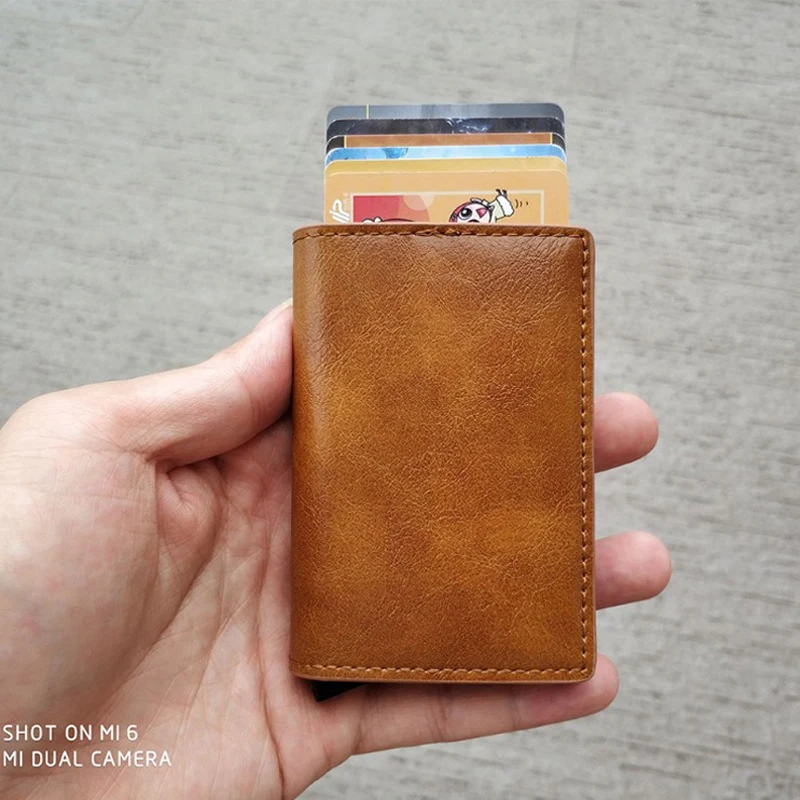 RFID брендовый кожаный держатель для карт, мужской автоматический алюминиевый сплав, на застежке, мужской бизнес многофункциональный держатель для ID карт, кошелек для мужчин