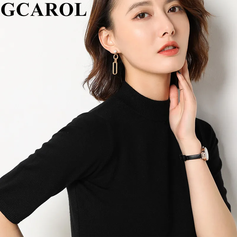 Женская тонкая футболка GCAROL из 30% шерсти на весну и лето с воротником-стойкой