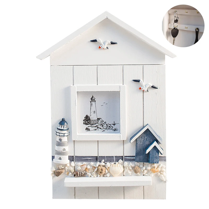 Mediterranean Style Key House Storage Box Wall-Mounted Seabird Sea Tower Wooden Pen Holder Home Wall Decor Crafts | Дом и сад