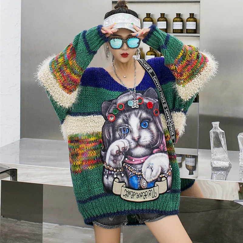 QING MO Animal Cat Print Women Sweater 2022 Spring New V-Neck Pullover Hit Color Striped Blue QYF103A | Женская одежда