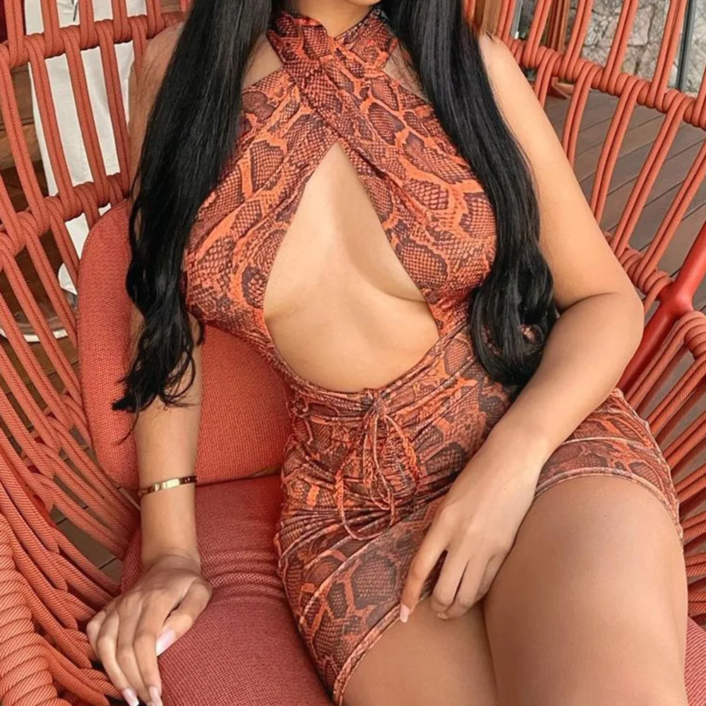 

CIBBAR Snake Print Ciss Cross Mini Dress Women Sexy Hollow Out Sleeveless Bodycon Summer Dresses New Fashion Party Club Outfits