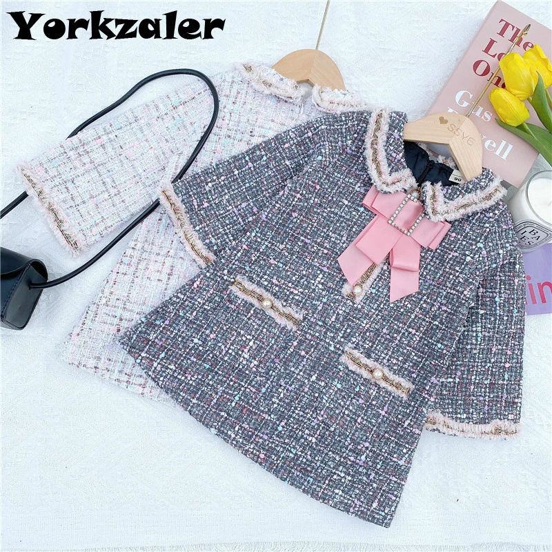 Модное зимнее платье для девочек элегантное с длинным рукавом и большим бантом