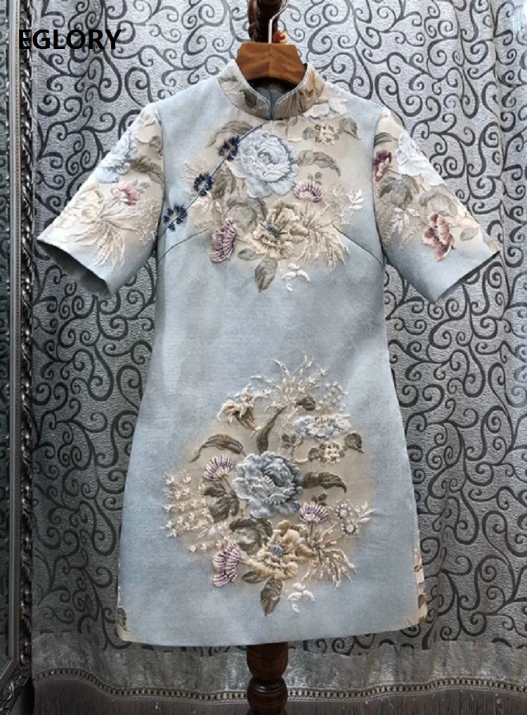 

Top Quality Brand Qipao Dress 2020 Summer Style Women Vintage Jacquard Flower Print Short Sleeve Bodycon Sheath Dress Above