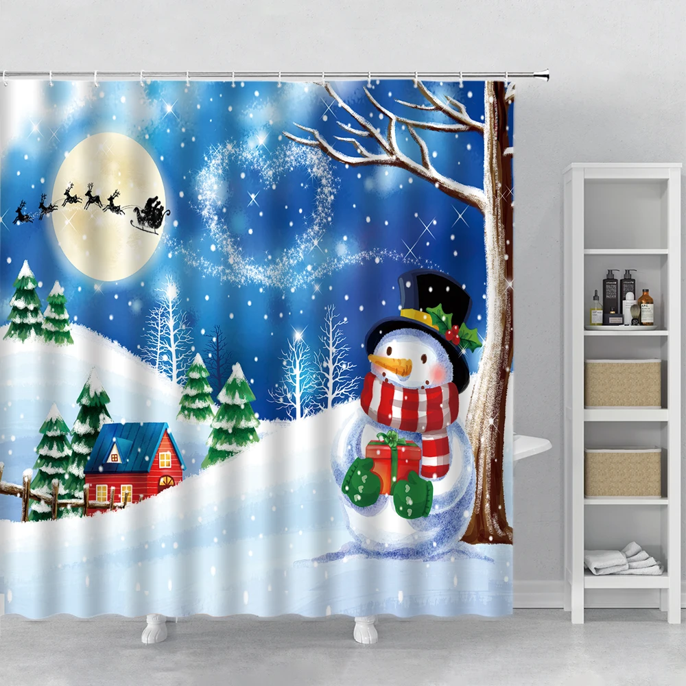 

Happy Snowman Christmas Shower Curtain Snowflake Santa Claus New Year Gift Bathroom Waterproof Bath Curtain Home Decor With Hook