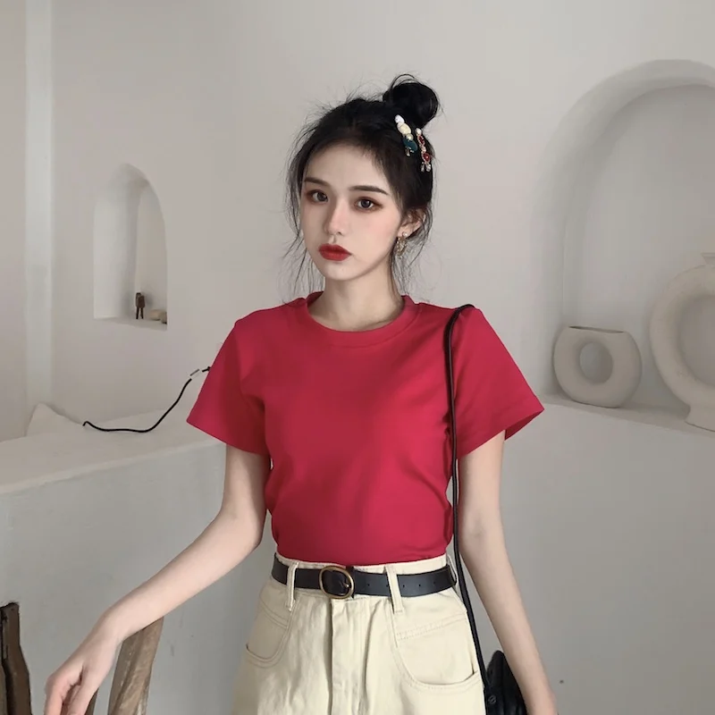 

2021 Summer New All-Match Solid Color T-shirt Women's Short Sleeve Slim Fit Sweets round Neck Brushed Top Popular